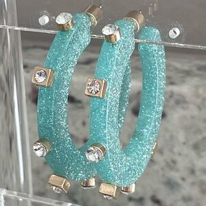 Smith & Co City Girl Jewel Hoop Earrings Aqua Blue Glitter Small Size